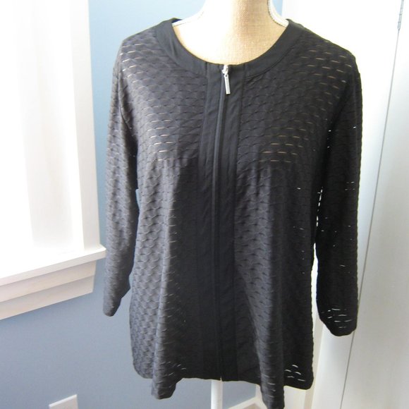 Black Semi-Sheer Pattern Suit Zip Front Jacket - Picture 1 of 5